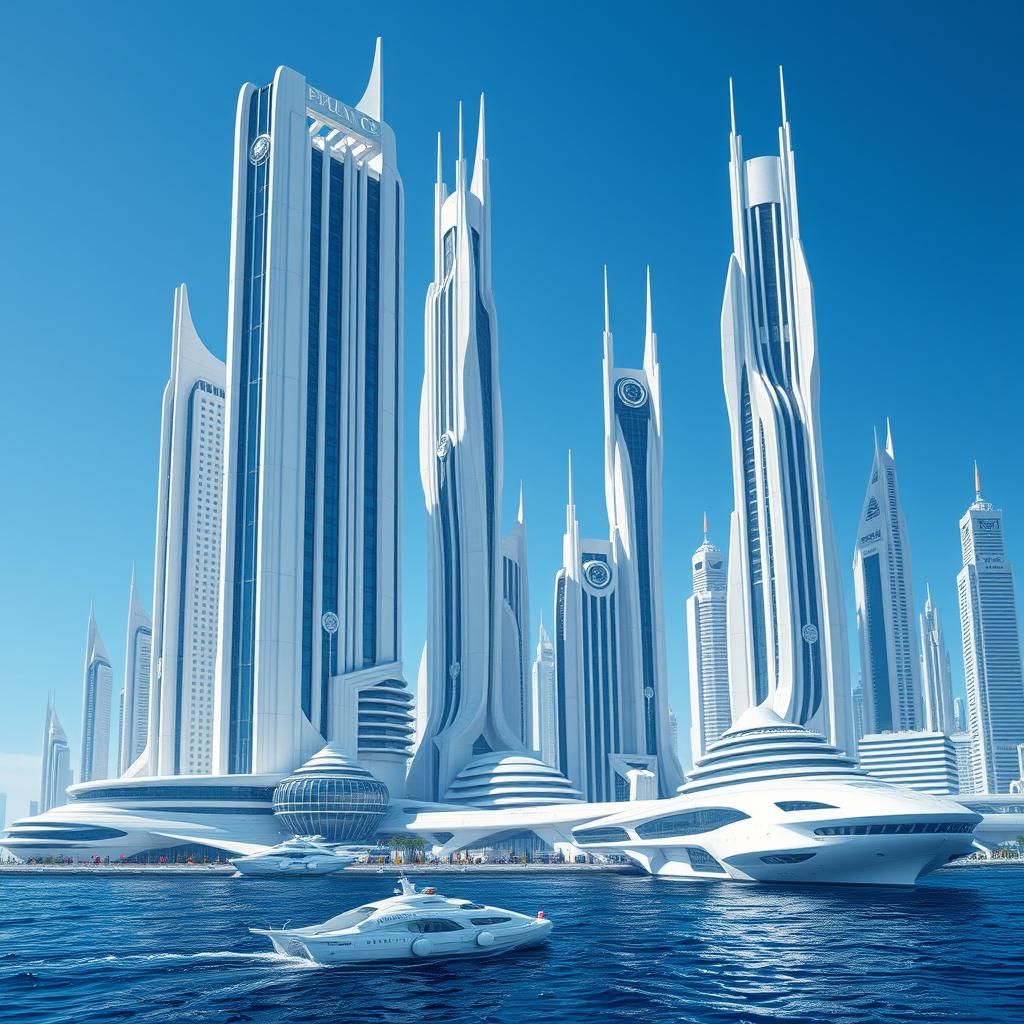 futuristic city with tall Art Deco Architecture and Design buildings, blue sky and water, futuristic ...  by @Jen Jay