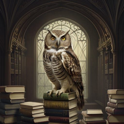 A Wise Old Owl Surveys Ancient Tomes in a Grand Library