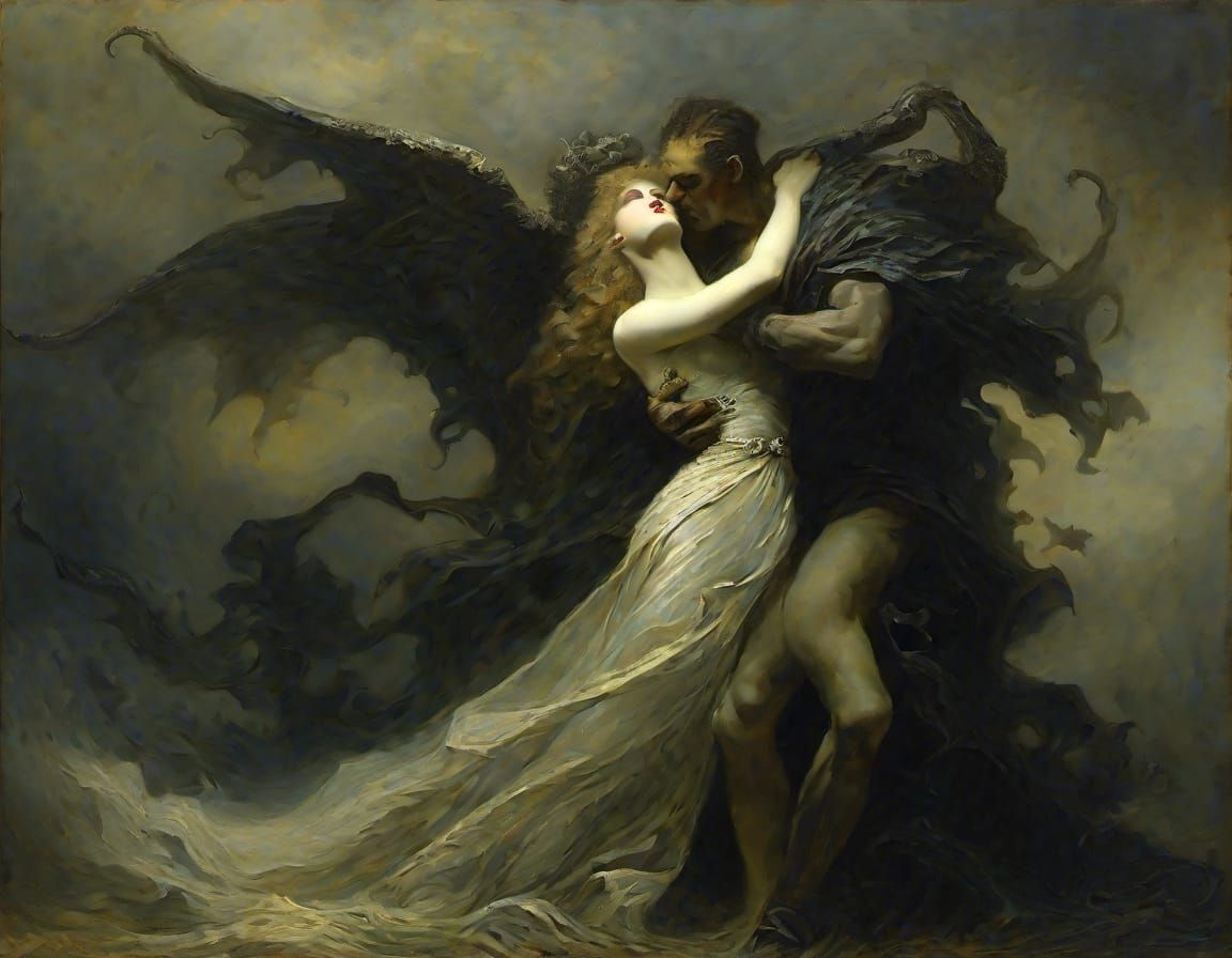 "Doomed Lovers", gorgeous, Stygian, dramatic lighting, extremely detailed, painting in the style of Angelo Inganni <lora:Broken:0.3> 