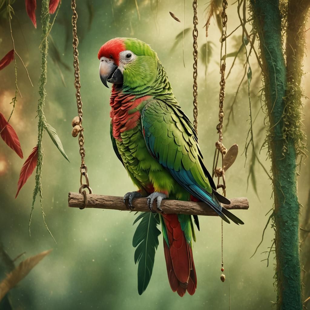 Vibrant Parrot on Swing: Fantasy Digital Art