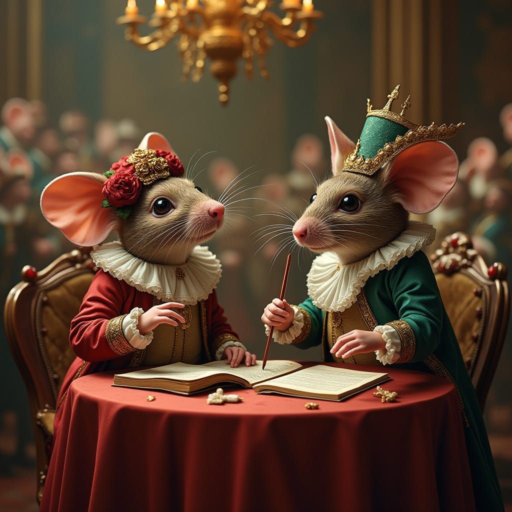 Whimsical Mouse masquerade ball with the mice dressed in Louis the fourteenth attire, large ballroom ...  by @Dantonio