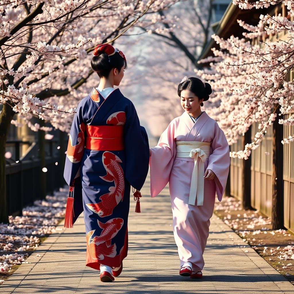 Image of maiko apprentice walking side-by-side with a geisha. The maiko is dressed elaborately in a red obi belt, blue kimono with red coi f...