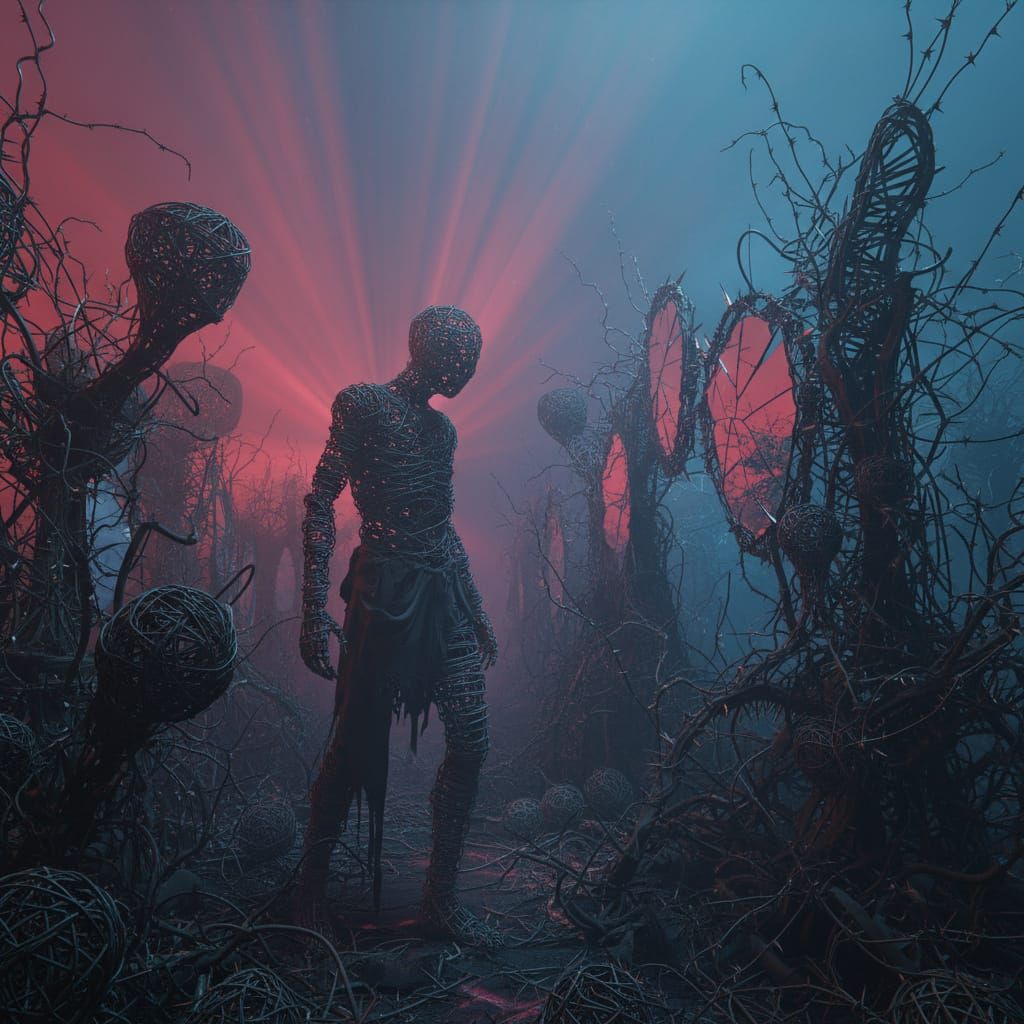 Lost in a maze of thorns and twisted vines, the barbed-wire human gazes into the fractured echoes of a lunatic mind, sculpted in intricate w...