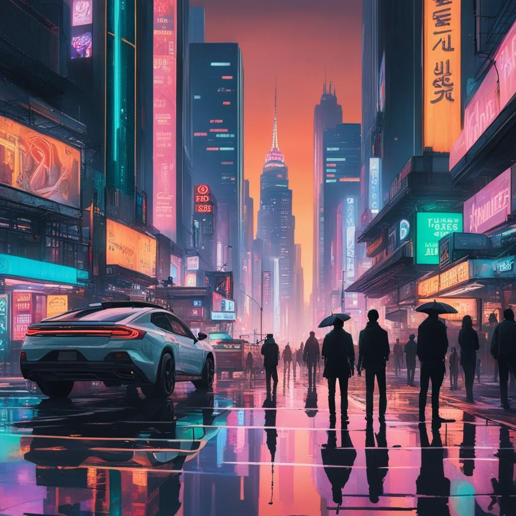 A street-level view of a bustling cyberp