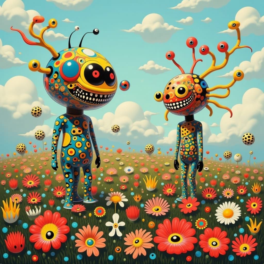 <lora:SCREAMING DOTS -EVIL:1.0> Cute aliens in a flower garden