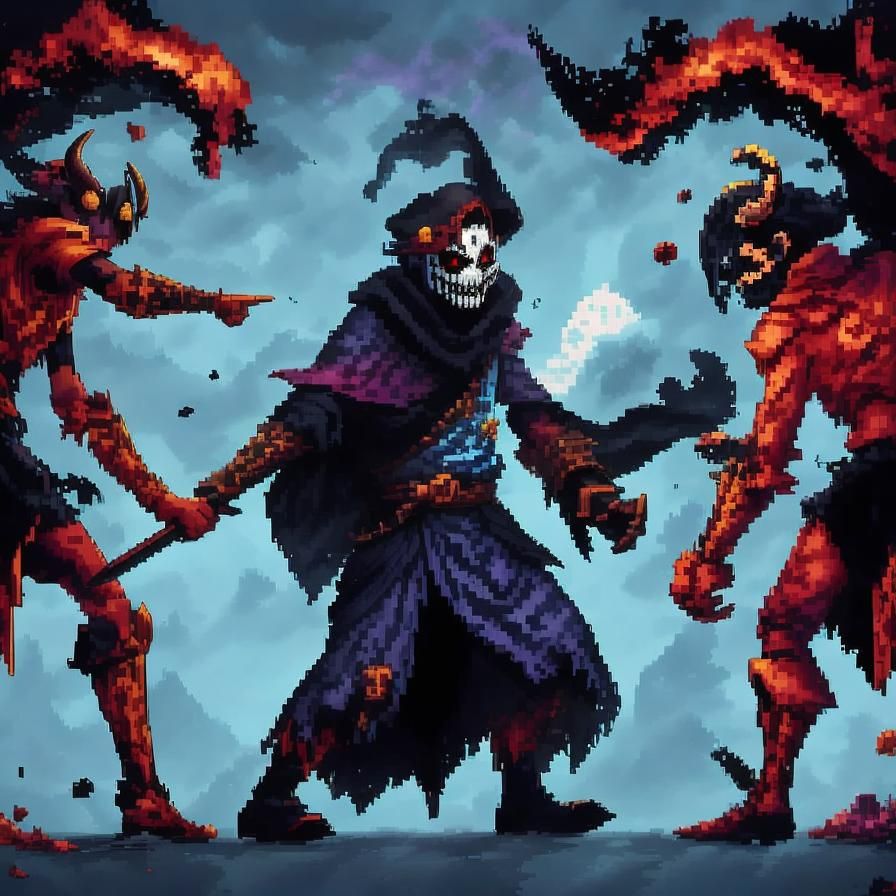<lora:Spirit World:1.0> A masked ghoul donning a honed blade gets ambushed by two demons wielding sabers 
but make it pixel art