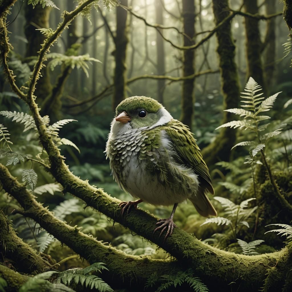Whimsical Bird Creature in Dreamy Forest Scene