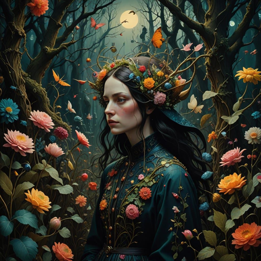 Enchanted Forest Dreamer in Folk Art Style