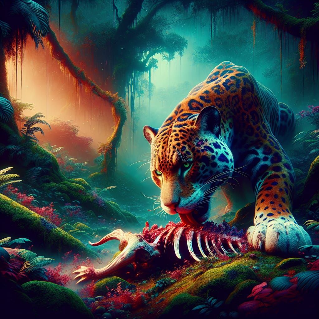Beautiful hyper realistic jaguar feasting on a dead  body in...
