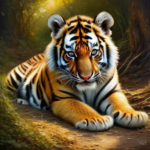 <lora:Filigree Oil Sfumato:1.0> young tiger cub, portrait oil painting, chiaroscuro lighting, puzzled expression on his wrinkled face, kind...