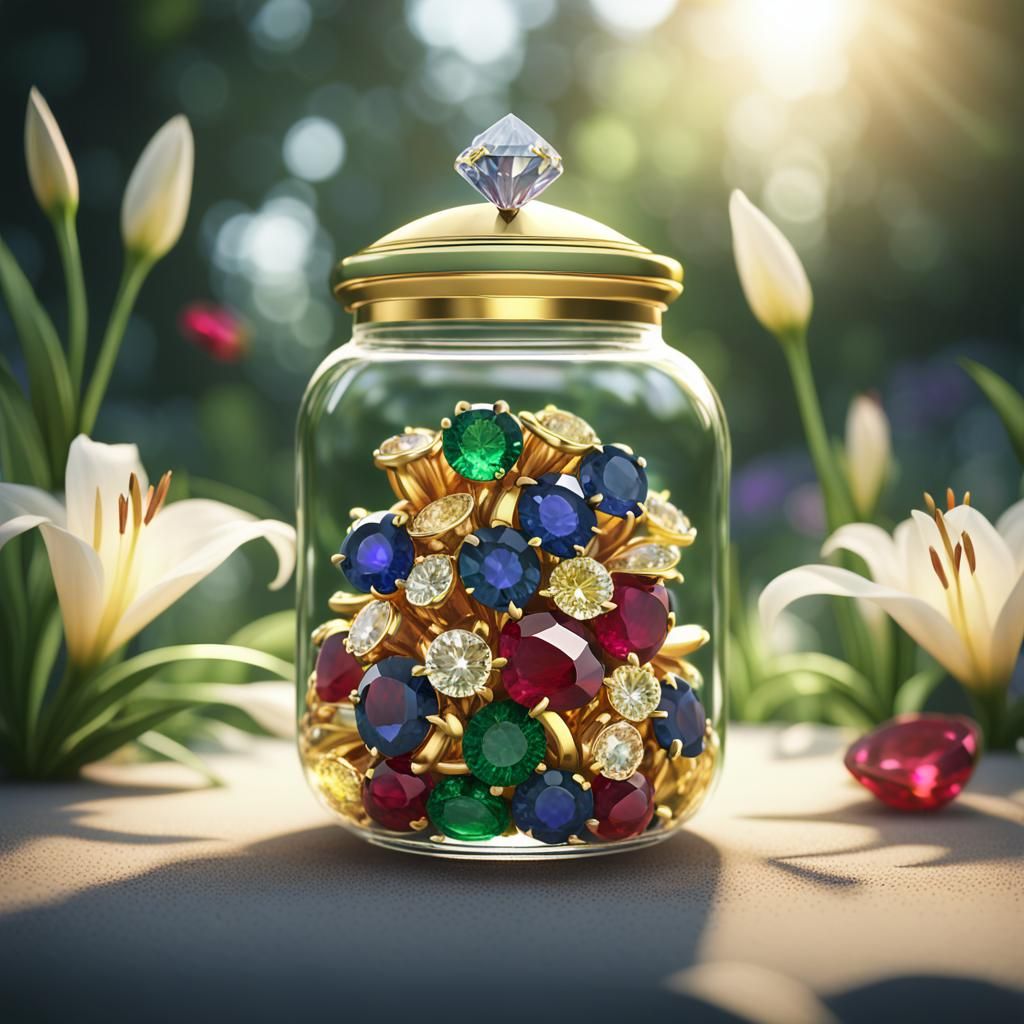 A beautiful jar filled with golden diamond, ruby, emerald, a...