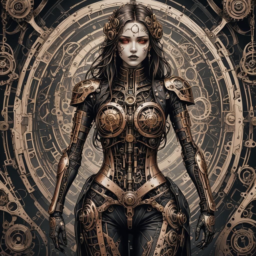 Biomechanical Female Form in Dark Steampunk World