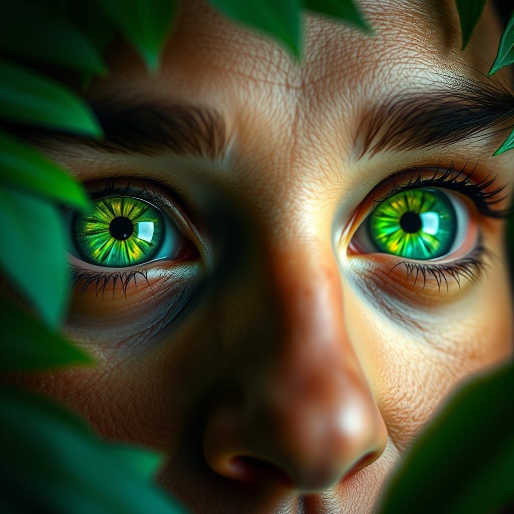 Photorealistic, Dazzling green eyes that appear not to belong to a face but to the rainforest itsself. ...  by @Don Enfuego