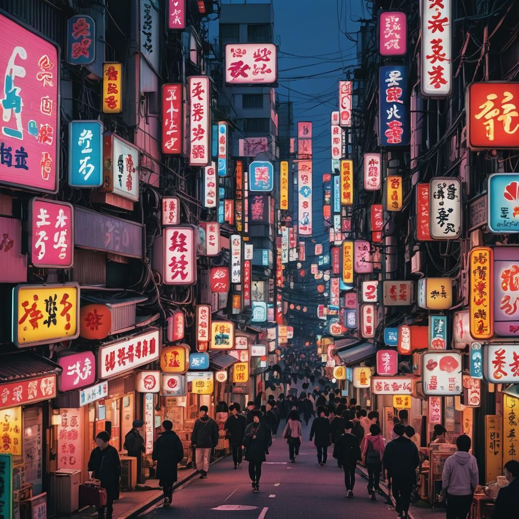 A image features a vibrant urban street scene at dusk or nig...