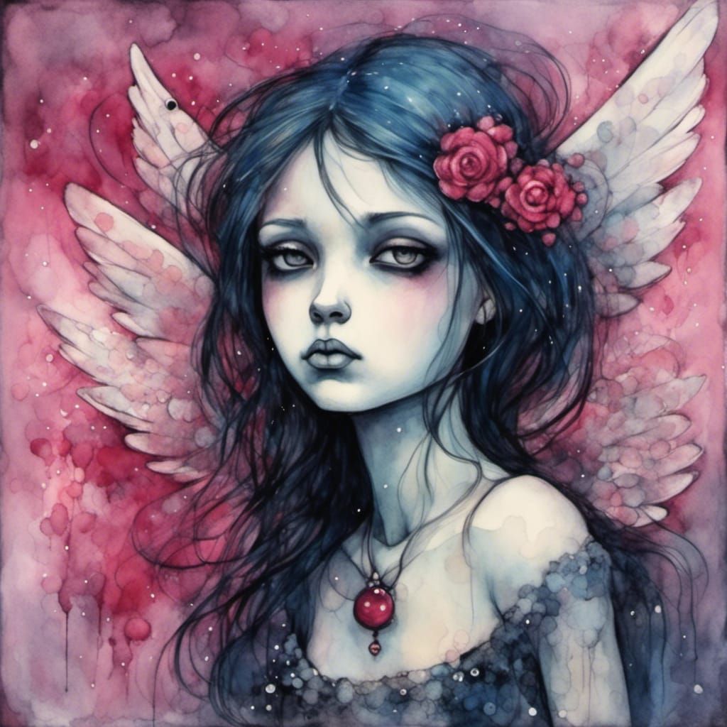 An adorable pouty goth punk angel by Shawn Coss and Amanda Clark AI
