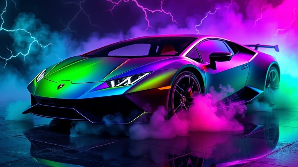 Lamborghini  car  collors  with fractals collorful lightning collors,smoke om the weels,reflection ,collors ...  by @Artbyannemaria 