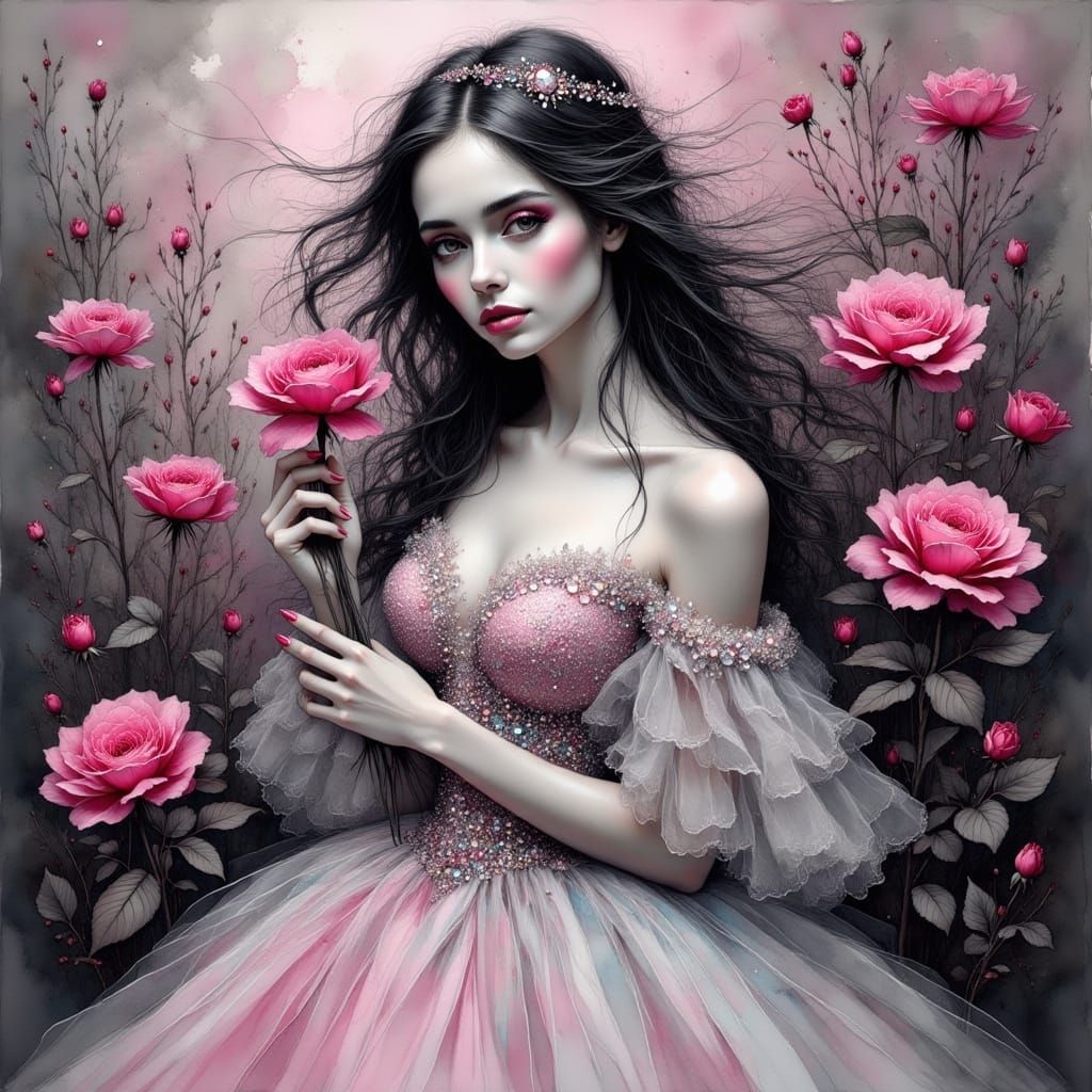 Woman in Iridescent Gown, Holding Hot Pink Rose, in Ethereal...