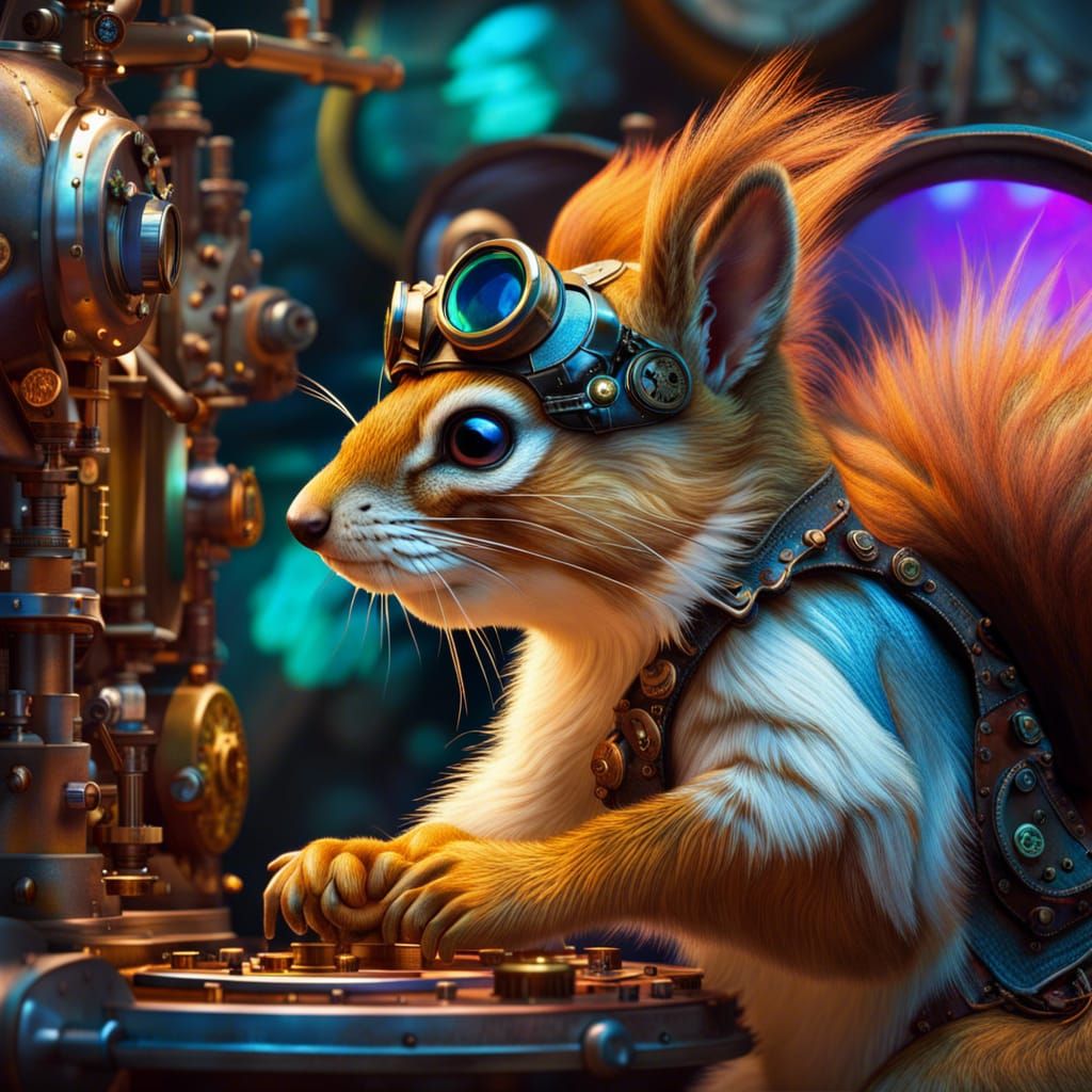 a squirrel technician with steampunk goggles  by @Narolinus