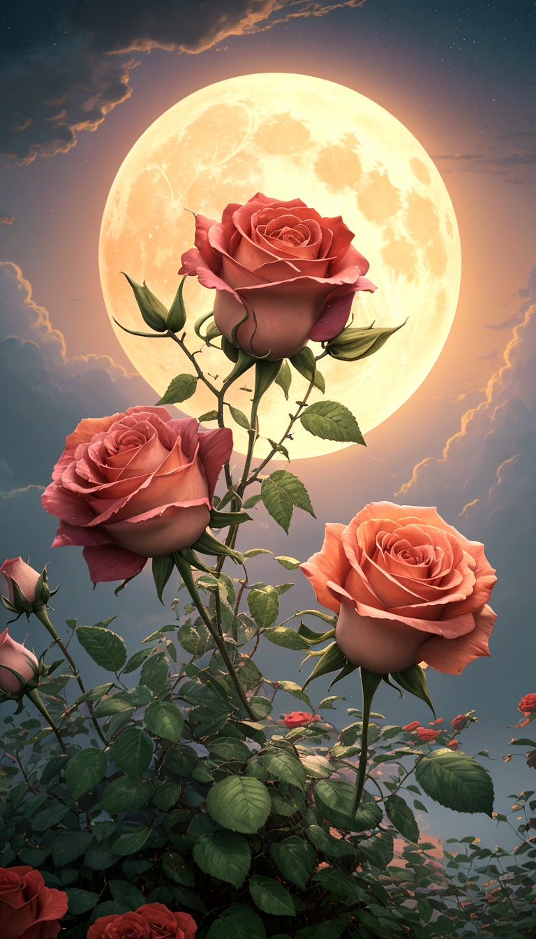 Magical roses garden under the full moon