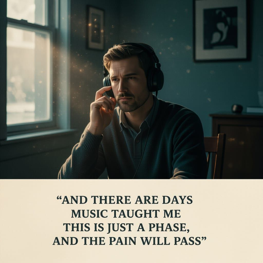 Man in Dim Room with Headphones, Hopeful Melancholy