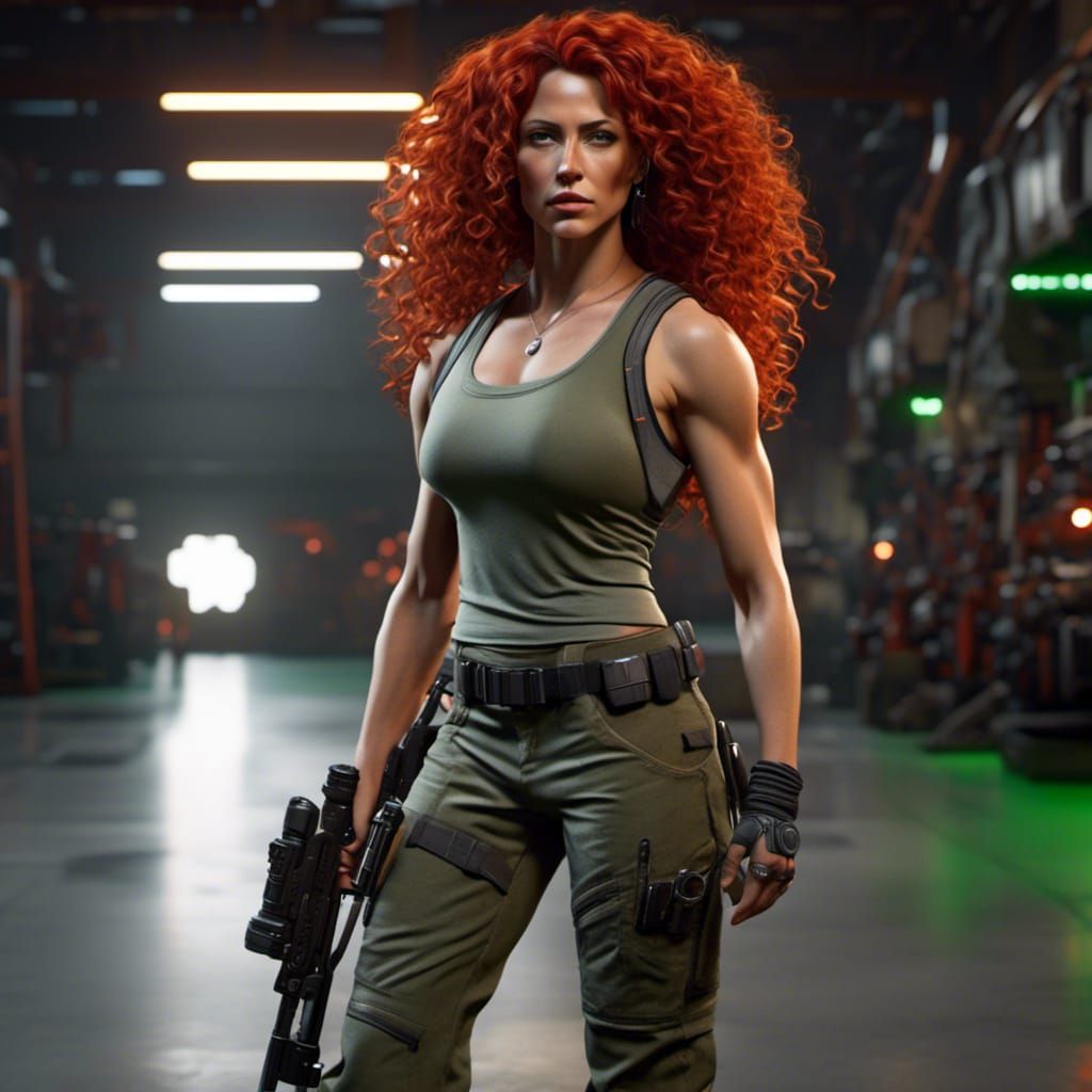 <lora:Sci-Fi Fusion:1.0> A muscular and curvy caucasian woman with a long thin face, large nose, short curly dark orange hair, pale skin, br...
