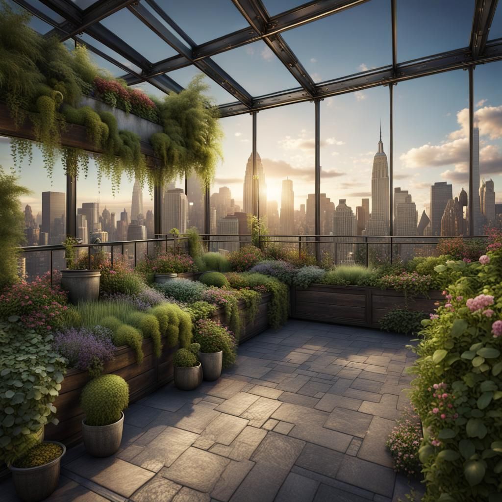 roof top garden in New York city surrounded with sky scrappe...