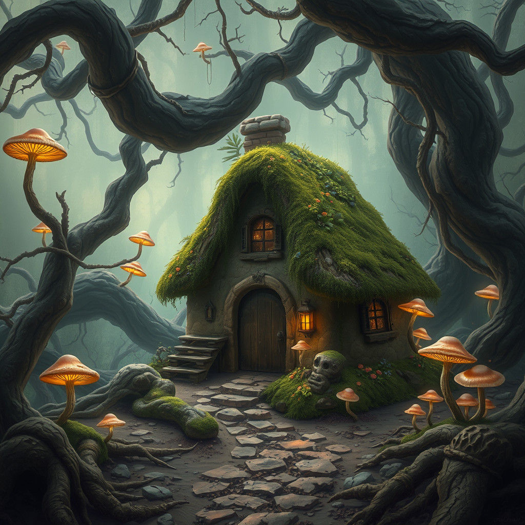 Earthen Cottage in Dreamlike Fantasy Landscape