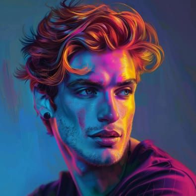 a handsome gay man with auburn hair bright, vivid, neon colo...