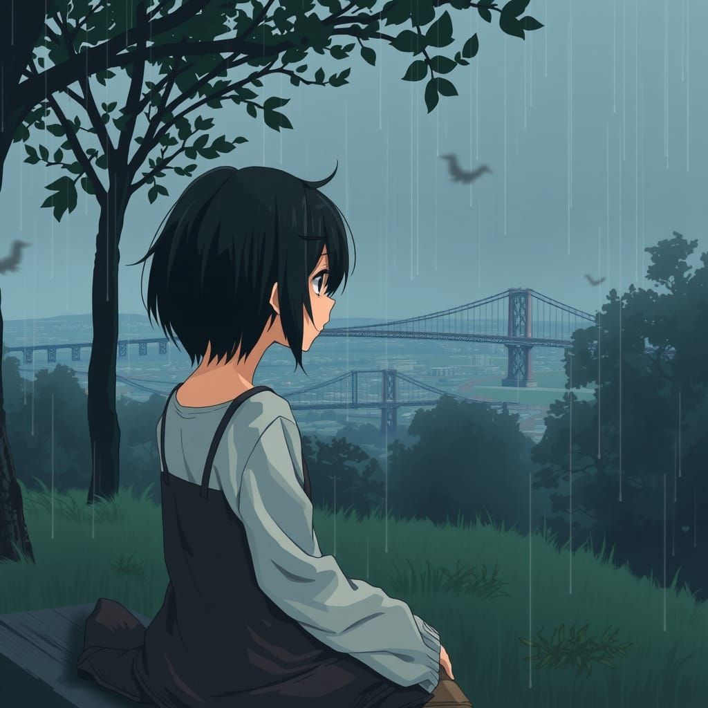 Surreal Anime Girl Contemplates Cityscape at Dusk