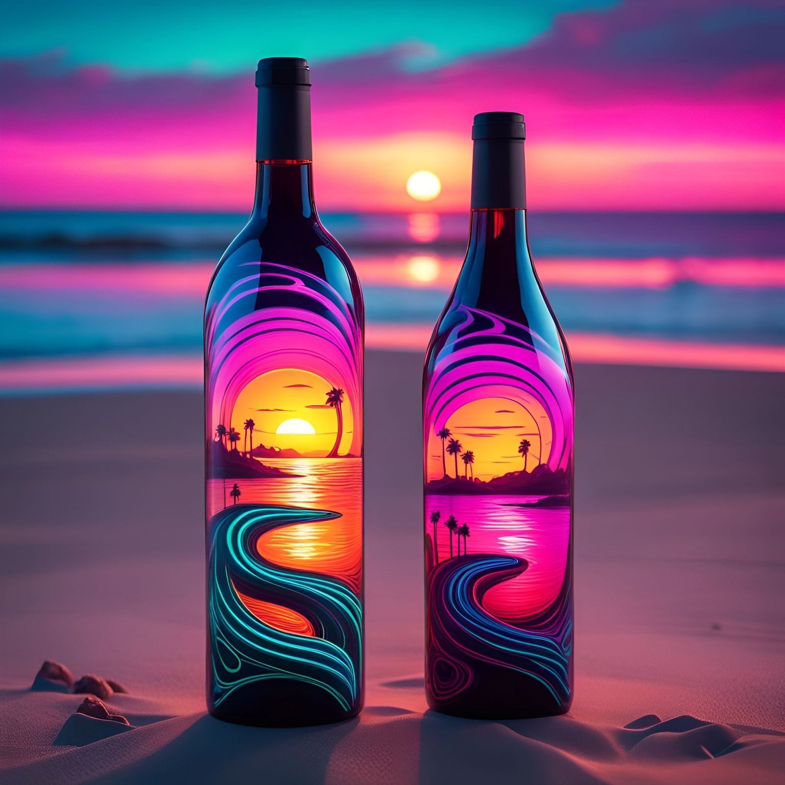 Psychadelic wine bottles with swirly design, on a beach with...