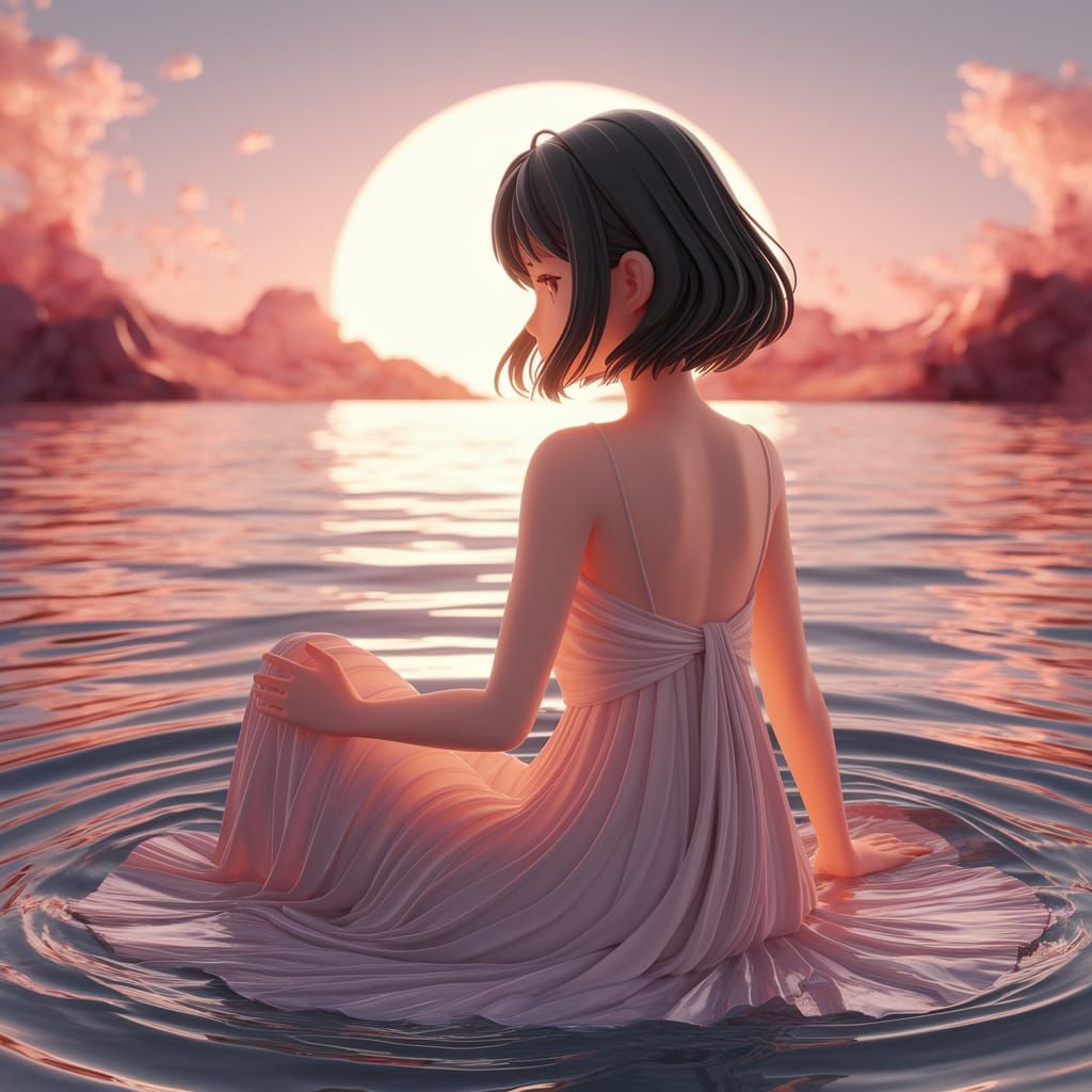 Serene Girl at Sunset on Tranquil Sea in 3D Anime Style