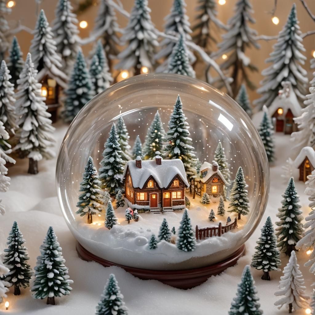 hyper-detailed snow globe, cute miniature Christmas snow tim...