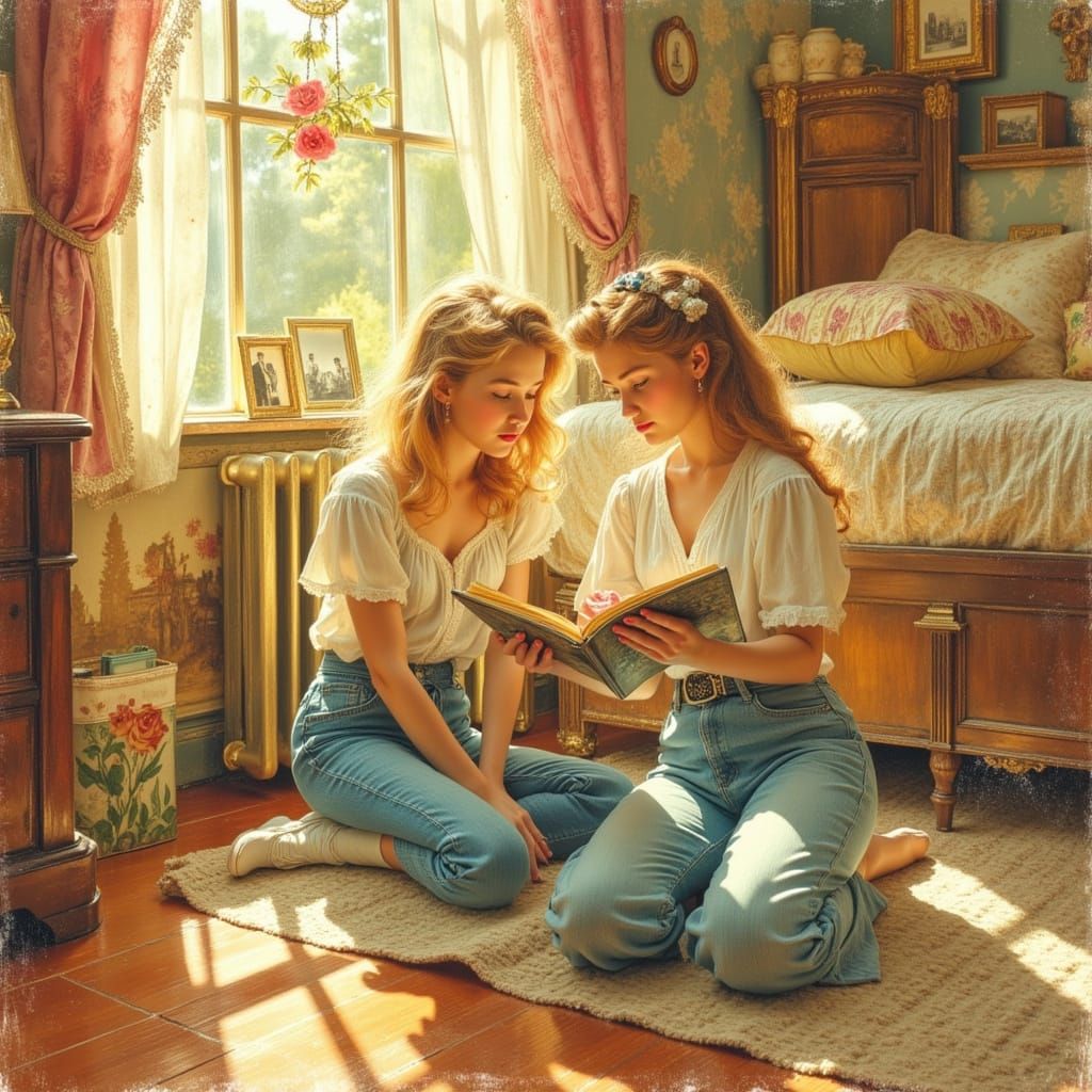 1950s Girls Add Photos to Album in Watercolor Style