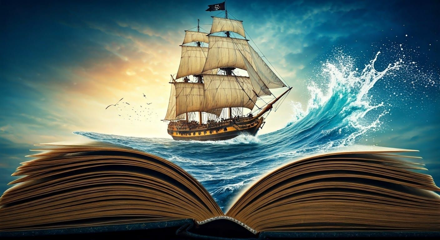 Surreal Pirate Ship Rides Turbulent Waves from Open Book