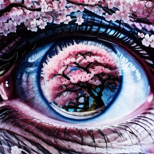 "macro shot of “cherry blossom <lora:Eyeeezzzzz:1.0> forest inside an eye" double exposure collage art illustration, silhouette art, fantasy...
