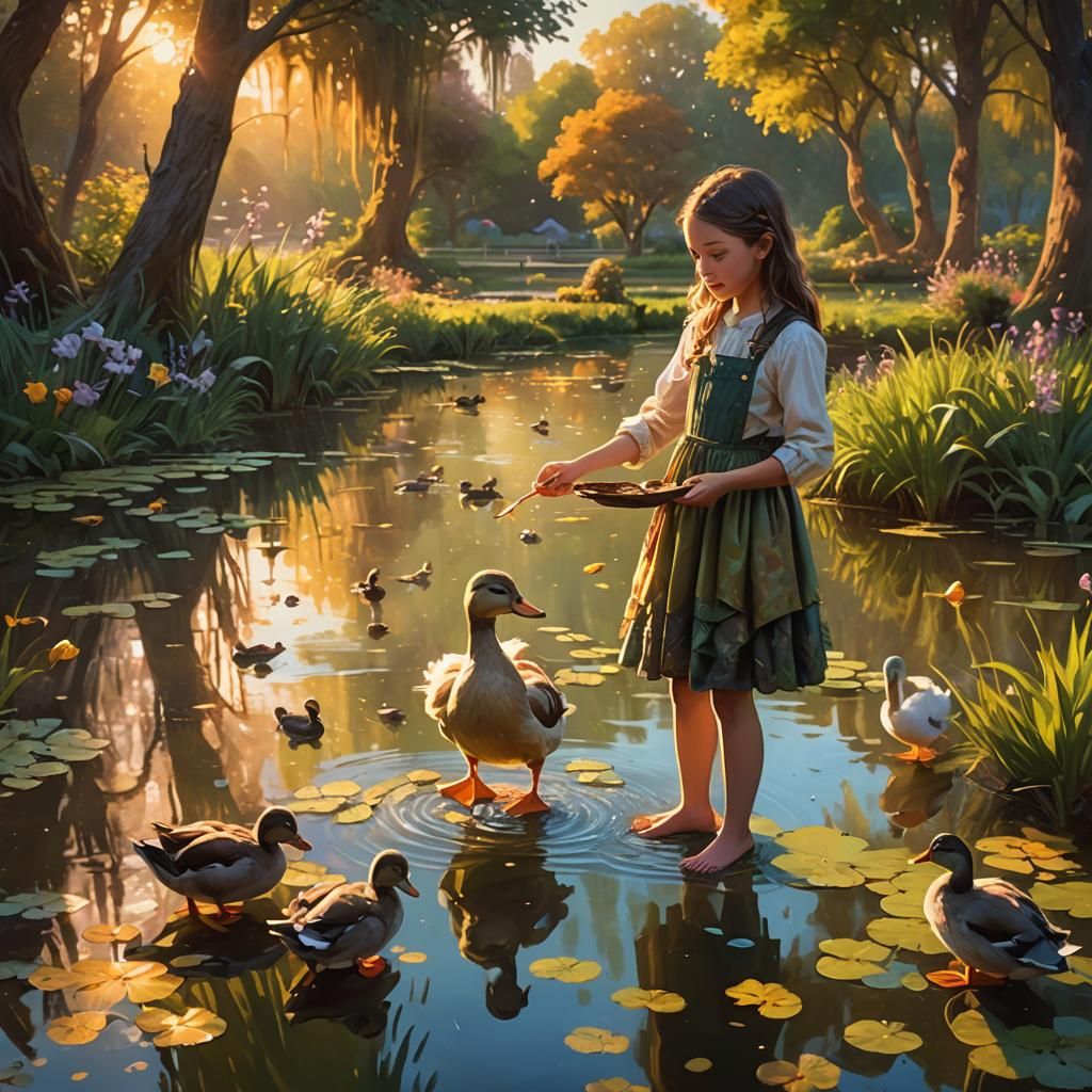 a painting of a duckpond with a small girl feeding the ducks