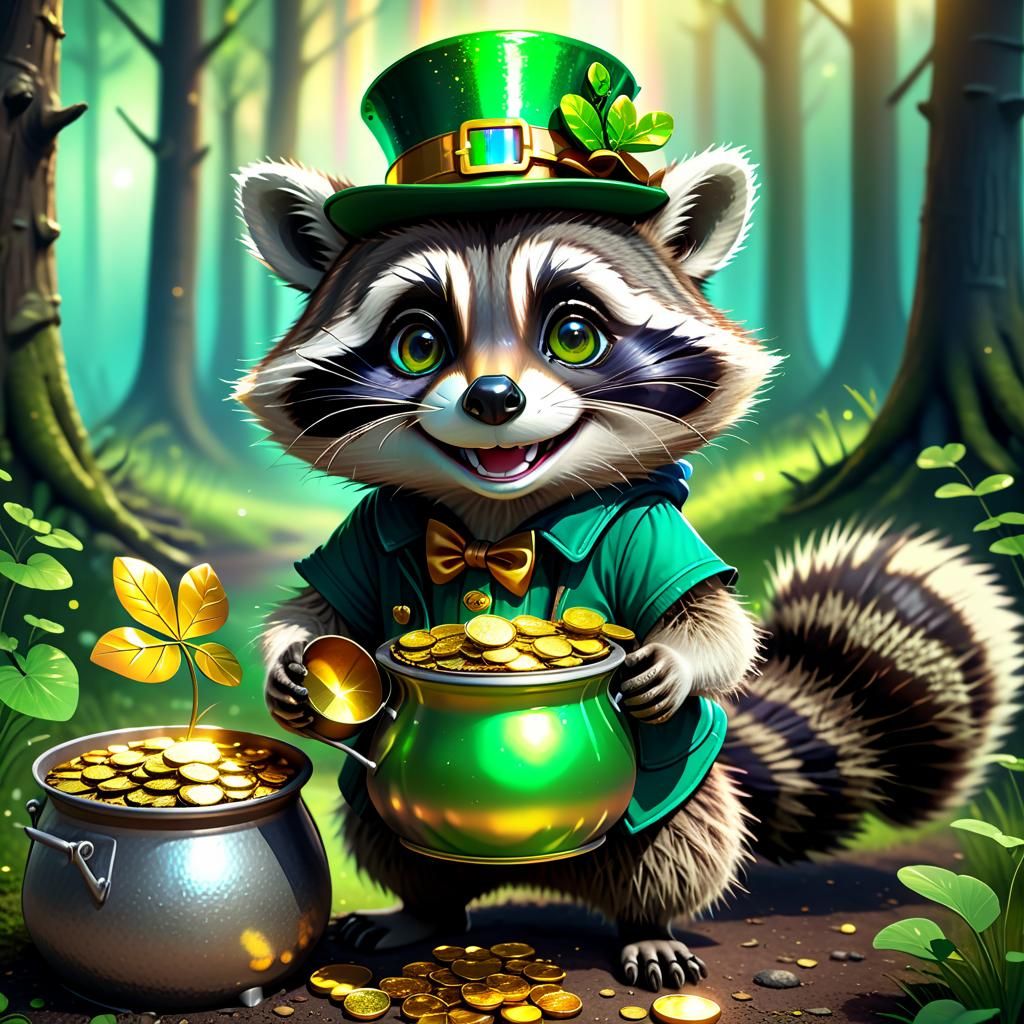 cute raccoon whit a smile and adorable eyes wearing leprecha...