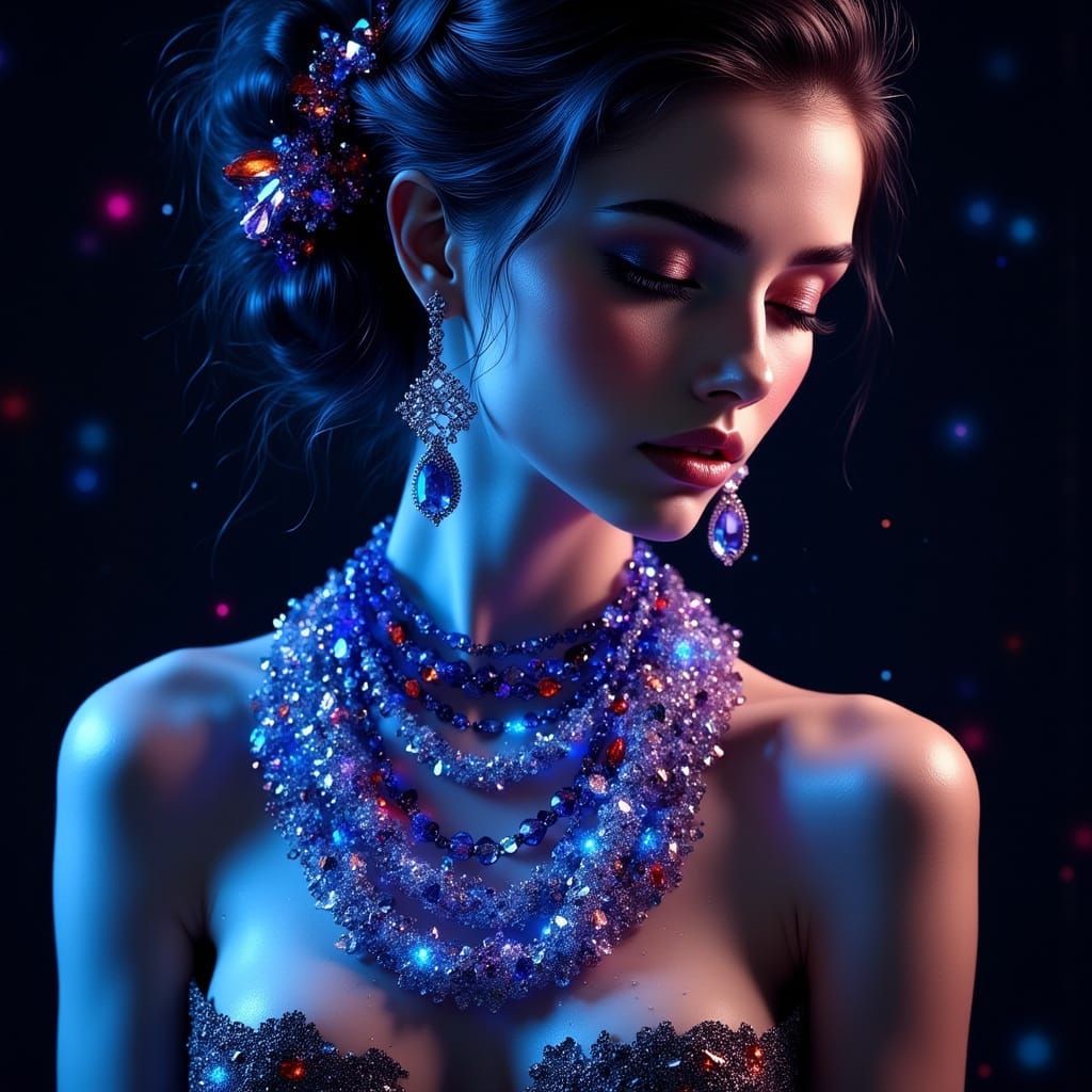 <lora:ZavyChromaFlux:1.0>  Highly stylized black and luminescent cobalt blue image of a beautiful woman wearing a stunning, multi-colored 3 ...