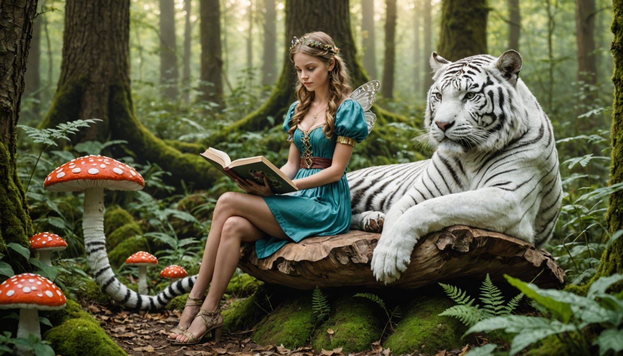 fairy sitting on large toadstool reading a book,in woodland  with a white tiger sitting down watching the fairy reading 