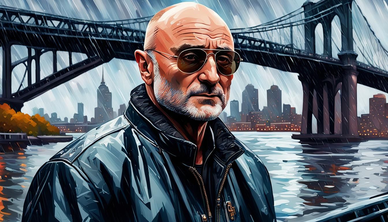 singer phil collins, wearing aviator  jacket ,with shaved he...