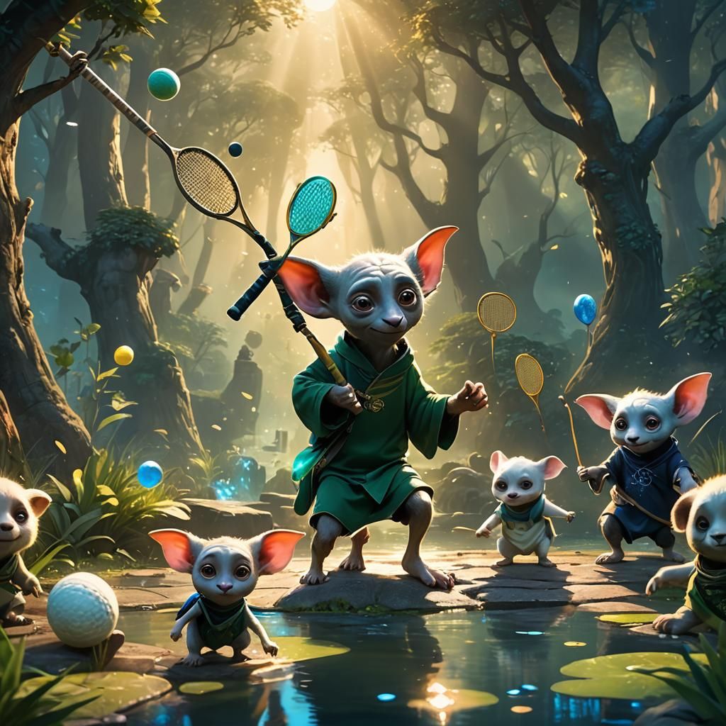 Pandas and Dobby Play Tennis: Whimsical Fantasy Art