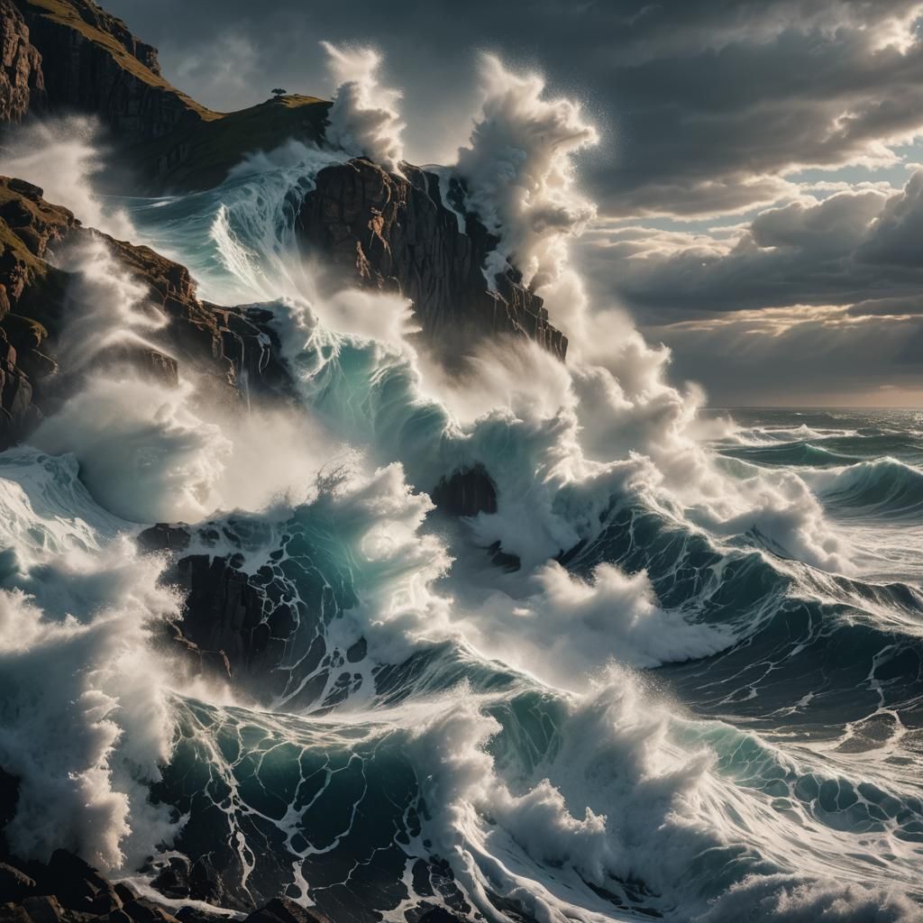 Stormy Sea Crashing Against Cliffside in Cinematic Style