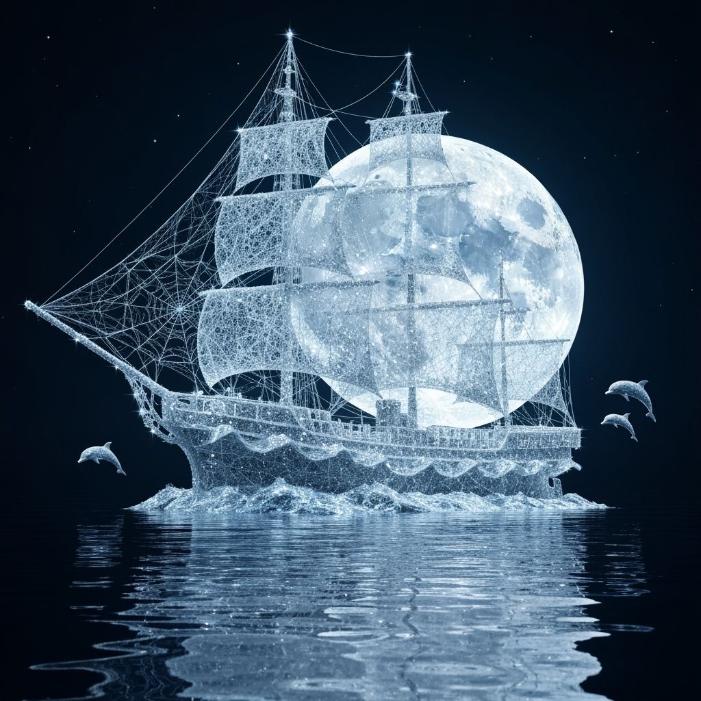 Majestic sea ship made entirely of spiderwebs, the moon illuminates in splendid silver color the ship, ...  by @Marv