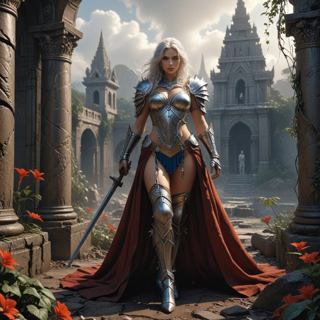 An ancient female elven warrior, clad in ornate, weathered armor, stands at the edge of a forgotten jungle temple. Vines creep over crumblin...