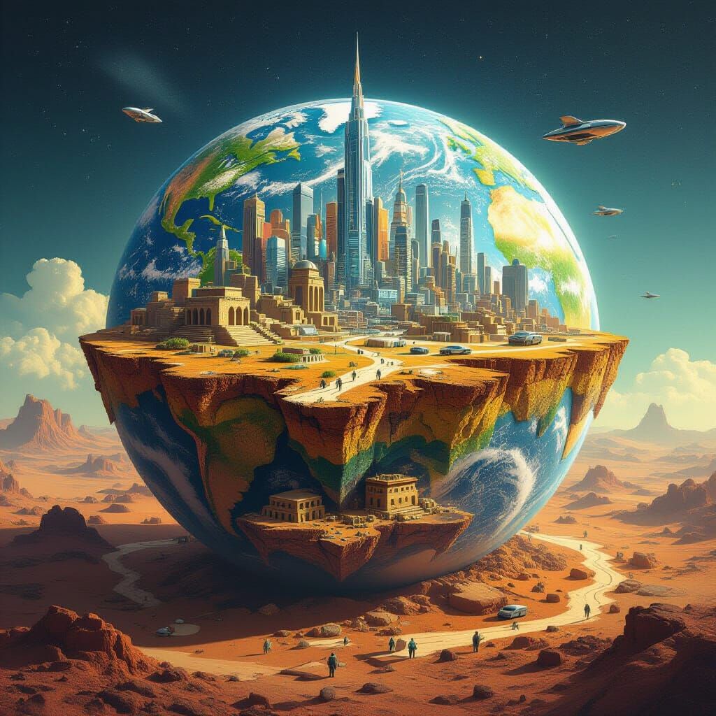 Earth Cross-Section: Primitive to Futuristic City Layers