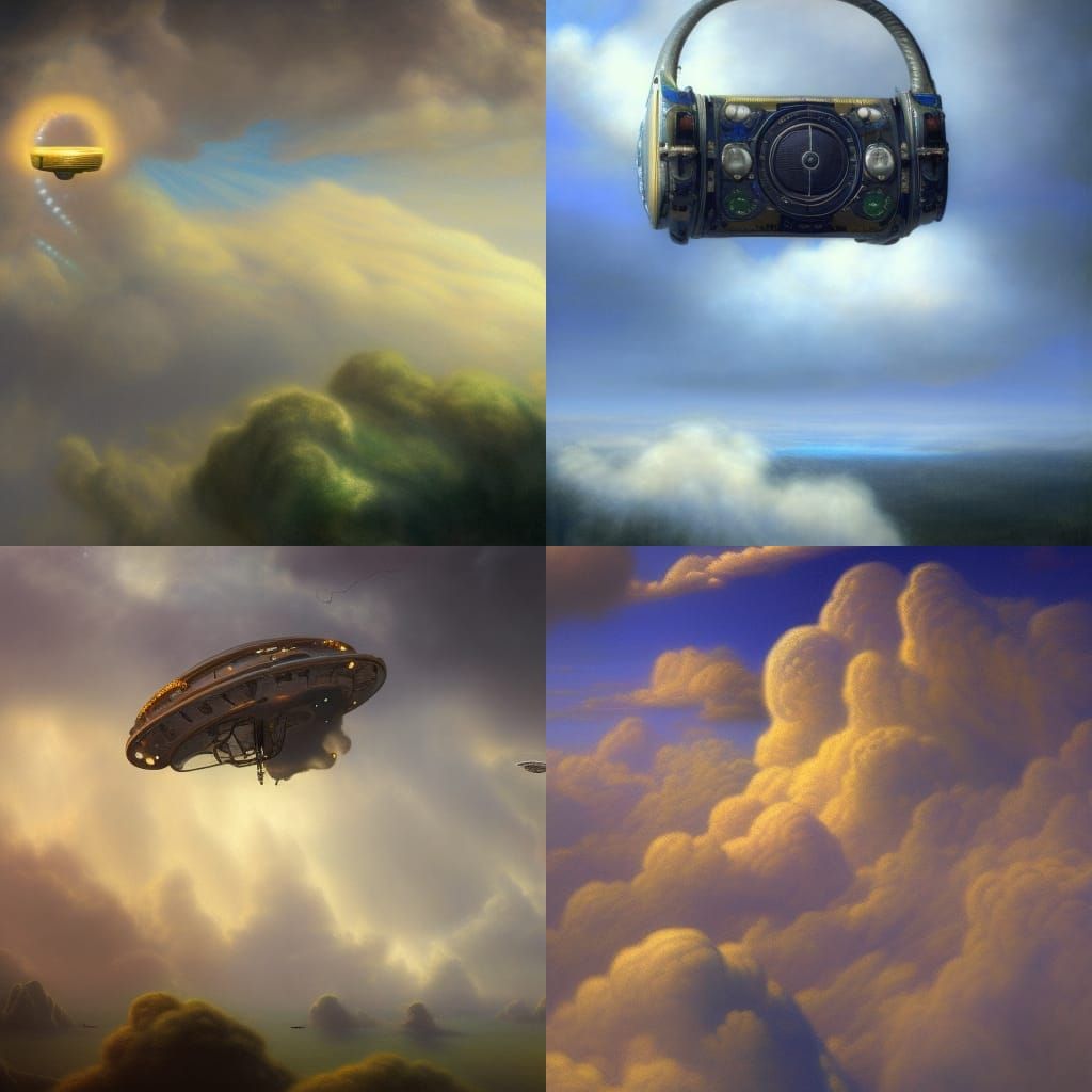 a radio that flies in the clouds, painting by Edward Robert ...