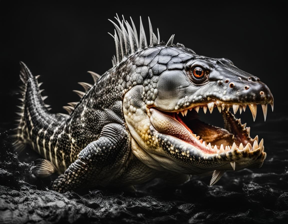 Extremely vicious looking  piranha face, crocodile body, sha...