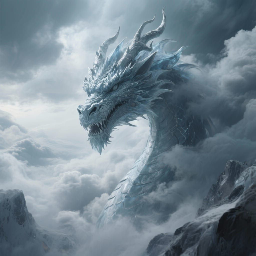 A giant ice dragon face and beginning of neck in the sky coming out of the clouds, the dragon head takes up pretty much the entire image