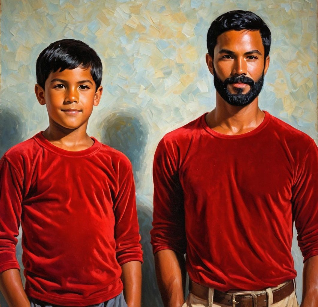 A man and his little brother wearing red velvet T-shirts