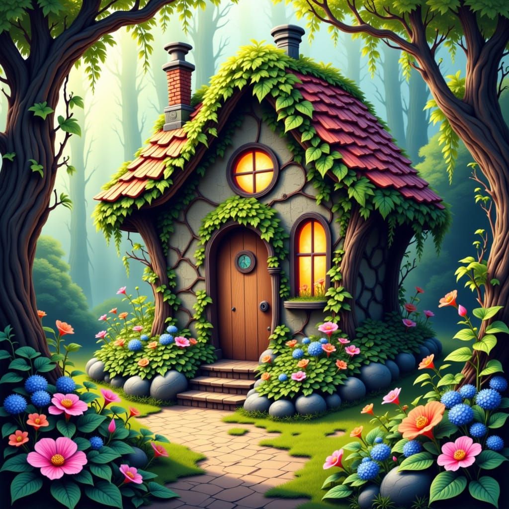 A quaint, overgrown cottage is nestled deep within an enchanted forest. Watercolor painting. The cottage is covered in vines and flowers, bl...